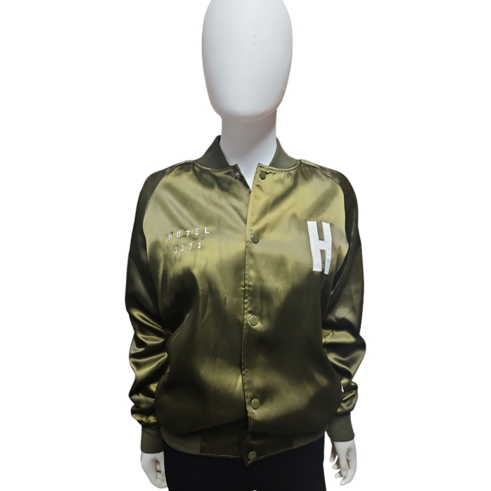 HOTEL 1171 | Green Satin Bomber Jacket in Size XS